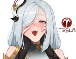  1girl blush eyelashes flasso genshin_impact grey_hair hair_ornament hair_over_one_eye hands_on_own_face heart heart-shaped_pupils logo_parody looking_at_viewer naughty_face open_mouth saliva sexually_suggestive shenhe_(genshin_impact) simple_background solo sweat symbol-shaped_pupils tesla_(company) upper_body white_background yandere_trance 