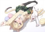  1girl animal_ears black_thighhighs blonde_hair blush calico cardigan cat cat_ears cat_girl cat_tail commentary_request full_body green_skirt long_hair looking_at_viewer lying on_side open_mouth original red_eyes skirt smile solo stretching tail thighhighs tsubure_manjuu yarn yarn_ball zettai_ryouiki 