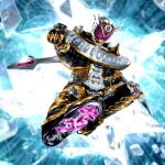  1boy absurdres armor belt black_armor black_bodysuit bodysuit clock clock_hands compound_eyes driver_(kamen_rider) finishing_move flying_kick gloves gold_armor helmet highres imminent_hit kamen_rider kamen_rider_zi-o kamen_rider_zi-o_(series) kamen_rider_zi-o_ouma kicking kuzurx male_focus ouma_zi-o_rider_watch pink_eyes rider_belt rider_kick rider_watch shoulder_armor solo tokusatsu ziku_driver 