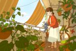  1girl absurdres blue_sky brown_hair bug butterfly chair dress highres holding holding_watering_can marunoki original plant potted_plant red_sweater sandals scenery sky sweater watering watering_can white_dress 