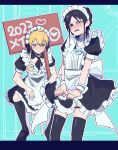  2boys ali_baba_saluja apron black_thighhighs blonde_hair blue_eyes blue_hair blush crossdressing detached_collar dress frilled_apron frills highres magi_the_labyrinth_of_magic maid maid_apron maid_headdress male_focus multiple_boys pepshi506 ren_hakuryuu ribbon short_hair thighhighs white_apron yellow_eyes 