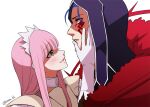  1boy 1girl blue_hair blush cu_chulainn_(fate) cu_chulainn_alter_(fate) facial_mark fate/grand_order fate_(series) gloves hairband hand_on_another&#039;s_face hood hood_up kaidou_j1 long_hair looking_at_another medb_(fate) parted_lips pink_hair red_eyes simple_background twitter_username white_background white_gloves white_hairband yellow_eyes 