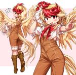  animal_on_head bird bird_girl bird_on_head bird_tail bird_wings blonde_hair boots brown_footwear chicken feathered_wings looking_at_viewer multicolored_hair multiple_views niwatari_kutaka on_head red_eyes rooster shimizu_pem smile tail touhou two-tone_hair wings 