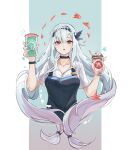  1girl absurdres apron arknights black_apron black_choker bracelet choker collarbone cropped_torso cup disposable_cup frappuccino highres holding holding_cup jewelry long_hair long_sleeves looking_at_viewer open_mouth red_eyes shengyuan_03 shirt sidelocks simple_background skadi_(arknights) solo variant_set white_hair white_shirt 