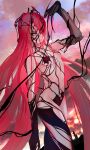  1girl body_markings breasts closed_mouth cloud commentary_request dragon_claw dragon_girl eyes_visible_through_hair fate/grand_order fate_(series) grey_eyes hair_over_one_eye highres long_hair looking_at_viewer mekadqp navel outdoors red_hair revealing_clothes slit_pupils small_breasts solo sun typhon_ephemeros_(fate) very_long_hair yellow_eyes 