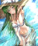  1girl absurdres alternate_costume bangs bikini blurry blurry_background blush breasts clear_glass_(mildmild1311) cleavage collarbone day detached_sleeves erinys_(fire_emblem) eyebrows_visible_through_hair fire_emblem fire_emblem:_genealogy_of_the_holy_war green_eyes green_hair hair_between_eyes highres indoors jewelry long_hair looking_at_viewer medium_breasts navel open_mouth pendant short_sleeves signature solo strapless strapless_bikini summer swimsuit thigh_gap thigh_strap very_long_hair watermark white_bikini white_sleeves white_swimsuit 