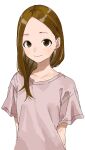  1girl absurdres brown_eyes brown_hair closed_mouth commentary_request highres karakai_jouzu_no_(moto)_takagi-san karakai_jouzu_no_takagi-san looking_at_viewer pink_shirt shirt short_sleeves simple_background smile solo t-shirt takagi-san upper_body white_background yamamoto_souichirou 