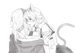  2girls animal_ears cat_ears cat_girl cat_tail commentary greyscale hand_on_another&#039;s_arm hand_on_another&#039;s_neck hashtag-only_commentary honkai:_star_rail honkai_(series) jacket kafka_(honkai:_star_rail) kemonomimi_mode long_hair monochrome multiple_girls off-shoulder_shirt off_shoulder parted_lips ponytail shirt sixteenmiao skirt stelle_(honkai:_star_rail) tail trailblazer_(honkai:_star_rail) upper_body yuri 