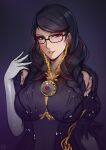  1girl absurdres bayonetta bayonetta_(series) bayonetta_3 black_hair braid clothing_cutout earrings eyeshadow glasses highres jewelry lipstick long_hair looking_at_viewer makeup mole mole_under_mouth smile solo swordwaltz twin_braids 