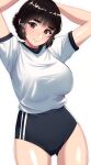  1girl alternate_costume arm_behind_head arms_up black_buruma black_hair braid braided_bun breasts brown_eyes buruma chirashi_(so) gym_shirt gym_uniform hair_bun hair_ornament hairclip highres huge_breasts kantai_collection long_hair myoukou_(kancolle) shirt short_sleeves simple_background single_hair_bun smile solo white_background white_shirt 