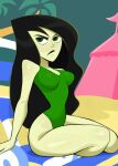  1girl beach beach_chair black_hair breasts casual_one-piece_swimsuit colored_skin day english_commentary green_eyes green_one-piece_swimsuit green_skin highleg highleg_swimsuit highres kim_possible_(series) long_hair looking_at_viewer medium_breasts newguy1091 one-piece_swimsuit shego sitting solo swimsuit toon_(style) 
