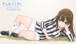  1girl blue_eyes brown_hair cleats closed_mouth full_body hand_on_own_head head_on_hand highres idolmaster idolmaster_cinderella_girls inoue_sora jersey juventus_fc kneehighs long_hair lying on_side serie_a shibuya_rin shirt soccer_uniform solo sportswear striped striped_shirt vertical-striped_shirt vertical_stripes 