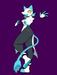  absurd_res anthro clothing darkner deltarune female floating_hands hi_res legwear looking_at_viewer lovetopullmicke open_mouth open_smile purple_background simple_background smile solo tasque_manager tights undertale_(series) 