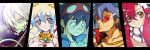  2girls 3boys blue_hair cross-shaped_pupils gainax kamina_(ttgl) kamina_shades looking_at_viewer multicolored_hair multiple_boys multiple_girls nia_teppelin nishijima red_hair scarf simon_(ttgl) smile symbol-shaped_pupils tengen_toppa_gurren_lagann two-tone_hair viral_(ttgl) yellow_eyes yoko_littner 