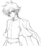  1boy arm_out_of_sleeve bad_link collared_shirt expressionless gundam gundam_00 hair_between_eyes jacket long_sleeves looking_to_the_side male_focus miokurumi sash setsuna_f._seiei shirt short_hair simple_background sketch solo standing upper_body 