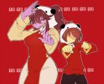  1girl 1other alternate_hairstyle animal_hood antenna_hair breasts brown_hair brown_pants clenched_hands closed_mouth colored_sclera colored_skin deltarune fingernails foreshortening furry furry_female grin hands_up height_difference hood hood_up hoodie komugiko_(bitte_komu) kris_(deltarune) long_sleeves medium_hair no_eyes orange_trim outline panda_hood pants ponytail purple_eyes purple_skin red_background red_hoodie reptile_girl ringed_eyes shaded_face sharp_fingernails sharp_teeth short_hair sidelocks smile standing susie_(deltarune) teeth v-shaped_eyebrows vocaloid white_hood white_outline yellow_sclera yellow_skin yellow_sleeves yellow_teeth yi_er_fan_club_(vocaloid) 