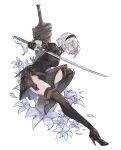  1girl 2b_(nier:automata) absurdres black_dress black_hairband black_thighhighs boots dress feather-trimmed_sleeves feather_trim hairband high_heel_boots high_heels highres juliet_sleeves leotard long_sleeves nier:automata nier_(series) no_blindfold puffy_sleeves shiro-hane short_hair solo thigh_boots thighhighs thighhighs_under_boots virtuous_contract white_background white_hair white_leotard 