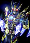  1boy absurdres antennae armor belt black_bodysuit blue_armor bodysuit compound_eyes driver_(kamen_rider) gloves glowing green_armor helmet highres kamen_rider kamen_rider_01_(series) kamen_rider_zero-one kuzurx male_focus multicolored_armor progrise_key red_eyes rider_belt shining_assault_hopper solo tokusatsu upper_body zero_one_driver 