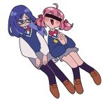  2girls :3 ahoge aruko_okara bar_censor black_pantyhose black_socks blue_eyes blue_hair blue_sweater blue_sweater_vest blush bow bowtie brown_footwear censored closed_mouth covered_eyes domino_mask facing_viewer glasses grey_skirt hair_ribbon hands_up head_tilt hikimayu identity_censor indie_virtual_youtuber jbs0 jitome kneehighs loafers long_hair long_sleeves looking_at_another mask medium_hair multiple_girls open_mouth own_hands_clasped own_hands_together pantyhose pink_hair red_bow red_bowtie red_ribbon ribbon school_uniform shirt shoes short_twintails side-by-side simple_background skirt smile socks sweater sweater_vest tokumei_radio twintails v-shaped_eyebrows virtual_youtuber white_background white_shirt zanko 