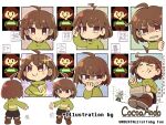  &gt;_&lt; 1boy 1other asriel_dreemurr bangs black_shorts blush boots brown_eyes brown_footwear brown_hair chara_(undertale) chocolate closed_eyes closed_mouth crossed_arms crying earrings expression_chart food food_on_face from_behind frown full_body goat_boy green_shirt hand_on_own_face hand_on_own_head holding holding_chocolate holding_food houten_(dre_a_mer) jewelry looking_at_viewer other_focus peeking_out pixel_art shiny shirt short_hair shorts sitting smile standing sweatdrop translated undertale upper_body white_background 