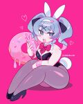  1girl animal_ears ass black_footwear black_leotard blush_stickers bow bowtie constellor doughnut fake_animal_ears fake_tail food hair_ornament hairband hatsune_miku heart heart_hair_ornament high_heels highres leotard looking_at_viewer open_mouth pantyhose pink_background playboy_bunny rabbit_ears rabbit_hole_(vocaloid) rabbit_tail red_bow red_bowtie tail thick_thighs thighs twintails watermark x_hair_ornament 