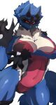  absurd_res anthro big_breasts blue_body blue_fur breasts canid canine clothing female fur generation_4_pokemon hi_res huge_breasts kouseki0024 lucario mammal neck_tuft nintendo pokemon pokemon_(species) red_eyes simple_background solo spikes spikes_(anatomy) tail tan_body tan_fur tuft 