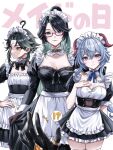  ! !? 2boys 2girls ? aether_(genshin_impact) ahoge apron black_dress black_hair blue_hair celsiorbsr closed_mouth confused crossdressing dress ganyu_(genshin_impact) genshin_impact glasses green_eyes green_hair hand_on_own_chest horns long_hair looking_at_viewer maid maid_apron maid_headdress multicolored_hair multiple_boys multiple_girls purple_eyes rectangular_eyewear red-framed_eyewear sidelocks single_horn smile speech_bubble spoken_exclamation_mark spoken_question_mark standing surprised thighhighs white_thighhighs wrist_cuffs xianyun_(genshin_impact) xiao_(genshin_impact) yellow_eyes 