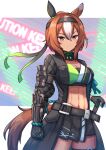  1girl abs animal_ears black_gloves black_hairband black_jacket blurry blurry_background breasts brown_eyes brown_hair cleavage commentary_request ear_covers gauntlets gloves hair_between_eyes hairband highres horse_ears horse_girl horse_tail jacket medium_breasts multicolored_hair navel open_clothes open_jacket single_ear_cover solo streaked_hair tail thighs toned toned_female two-tone_background umamusume white_background white_hair yaeno_muteki_(umamusume) yuutopia 