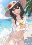  1girl bare_shoulders beach bikini black_hair blue_sky blush braid breasts commentary_request day flower flower_bracelet green_eyes hand_on_own_chest hat hat_flower hibiscus highres jacket long_hair looking_at_viewer navel off_shoulder open_clothes open_jacket open_mouth original outdoors side-tie_bikini_bottom sky small_breasts solo sun_hat sunlight swimsuit tsubure_manjuu twin_braids water white_bikini white_jacket 