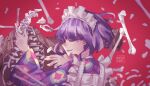  1girl absurdres bone closed_eyes dated highres hirayacreates maid_headdress otome_kaibou_(vocaloid) purple_hair red_background short_hair solo tasokare_hotel tsukahara_neko upper_body wide_sleeves 