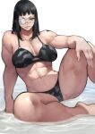  1girl abs absurdres bangs bare_shoulders biceps bikini black_bikini black_hair breasts broad_shoulders cleavage collarbone eyepatch grin highres jormungand knee_up large_breasts long_hair looking_to_the_side muscular muscular_female navel sidelocks sitting smile sofia_valmer solo swimsuit thick_thighs thighs yellow_eyes yoshio_(55level) 