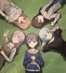  5girls :3 bang_dream! bang_dream!_it&#039;s_mygo!!!!! black_shirt blue_eyes blue_hoodie brown_dress brown_hair chihaya_anon closed_eyes closed_mouth commentary drawstring dress expressionless from_above grass grey_eyes grey_hair grey_skirt hashtag-only_commentary heterochromia highres hood hoodie kaname_raana layered_sleeves long_hair long_sleeves lu_guan lying multiple_girls mygo!!!!!_(bang_dream!) nagasaki_soyo on_back open_clothes open_shirt outdoors pinafore_dress pink_hair purple_eyes red_eyes shiina_taki shirt short_hair short_over_long_sleeves short_sleeves skirt sleeveless sleeveless_dress takamatsu_tomori two-tone_hoodie v white_hair white_hoodie white_shirt yellow_eyes 