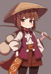  1girl animal_ears blush brown_eyes brown_hair closed_mouth gourd grey_background hair_ornament hairclip hand_on_own_hip hat highres holding japanese_clothes long_sleeves looking_at_viewer original pantyhose simple_background smile solo straw_hat tail thick_eyebrows tsukimi_shokudouki yukinagi 