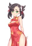  1girl absurdres alternate_costume arms_behind_back asymmetrical_bangs bare_shoulders black_hair blush breasts china_dress chinese_clothes cleavage cleavage_cutout clothing_cutout commentary_request dress earrings eyelashes frills green_eyes hair_horns highres jewelry maho_(corotonton5150) marnie_(pokemon) medium_breasts medium_hair open_mouth parted_lips pokemon pokemon_swsh revision simple_background solo white_background 
