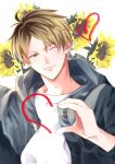  1boy blonde_hair blue_hoodie closed_mouth doodle_inset flower given halftone heart heart_hands highres hood hoodie kashima_hiiragi_(given) light_smile looking_at_viewer male_focus multicolored_hair one_eye_closed rink_5525 shirt short_hair solo streaked_hair sunflower two-tone_hair upper_body white_background white_shirt yellow_flower 