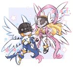  angel angel_wings angemon angewomon armor artist_logo bare_shoulders blonde_hair bodysuit breastplate chibi clothing_cutout commentary couple covered_eyes digimon digimon_(creature) feathered_wings gloves head_wings helmet helmet_over_eyes hetero highres holding_hands looking_at_another multiple_wings orange_hair pink_ribbon ribbon simple_background single_glove star_(symbol) stomach_cutout symbol-only_commentary white_background white_bodysuit white_gloves wings yagi_kiki 