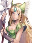  1girl blonde_hair blue_eyes breasts bridal_gauntlets cleavage collarbone green_hairband hair_intakes hairband hinoru_saikusa holding holding_weapon long_hair looking_at_viewer medium_breasts parted_lips polearm riesz seiken_densetsu seiken_densetsu_3 simple_background solo spear upper_body very_long_hair weapon white_background 