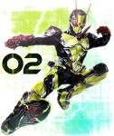  1boy absurdres antennae armor armored_gloves belt black_bodysuit bodysuit character_name driver_(kamen_rider) electricity finishing_move flying_kick full_body gloves green_armor helmet highres kamen_rider kamen_rider_01_(series) kamen_rider_zero-one kamen_rider_zero-two kicking kuzurx looking_at_viewer male_focus progrise_key red_eyes red_gloves rider_belt rider_kick solo tokusatsu zero_two_driver 