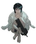  1girl aizheajsee barefoot black_hair collarbone crossed_legs feet full_body ghost_in_the_shell gun highres holding holding_gun holding_weapon hugging_own_legs jacket kusanagi_motoko looking_at_viewer nude short_hair simple_background sitting solo toes weapon white_background white_jacket 