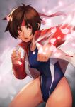  1girl blue_swimsuit breasts brown_hair cowboy_shot headband highleg highleg_swimsuit hinoru_saikusa jacket kasugano_sakura long_sleeves medium_breasts open_clothes open_jacket open_mouth orange_eyes red_headband red_sleeves school_swimsuit short_hair solo standing street_fighter street_fighter_v swimsuit track_jacket unzipped v-shaped_eyebrows white_jacket 