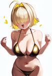  1girl absurdres ahoge bikini blonde_hair blush breasts collarbone commentary_request elegg_(nikke) goddess_of_victory:_nikke gold_bikini hair_intakes hair_over_eyes halterneck hands_up heart highres large_breasts long_bangs multicolored_hair navel open_mouth ramune_ramune short_hair simple_background swimsuit two-tone_hair white_background 