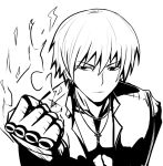  1boy bangs closed_mouth commentary_request cross cross_necklace eyebrows_visible_through_hair fire flick gloves greyscale hair_between_eyes jewelry k&#039;_(kof) looking_at_viewer male_focus monochrome necklace okyou pyrokinesis simple_background snapping_fingers solo the_king_of_fighters upper_body white_background 