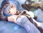  1girl arm_up armpits azur_lane bangs blunt_bangs choker commentary_request cross cross_choker cross_staff dress elbow_gloves eric_(tianqijiang) eyebrows_visible_through_hair gascogne_(azur_lane) gauntlets gloves looking_at_viewer lying on_back short_hair sidelocks solo strapless strapless_dress white_dress 