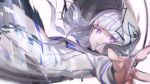  1girl bangs blunt_bangs bright_pupils cevio coat falling grey_hair highres hood hood_up kafu_(cevio) kamitsubaki_studio long_sleeves looking_at_viewer outstretched_arm parted_lips purple_eyes reaching_out simple_background solo tentsuu_(tentwo) white_background white_coat white_pupils 