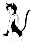  1other anger_vein animal_ears back_cutout bare_back bell bob_cut cat_ears cat_tail clothing_cutout collar embarrassed fingerless_gloves from_behind gloves highres jadoochicken jingle_bell looking_at_viewer monochrome one-piece_swimsuit original short_hair simple_background solo standing swimsuit tail 