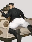  1boy ass bara beard black_hair black_jacket bulge commission couch facial_hair highres jacket koji_(wildlhz) leather leather_jacket looking_at_viewer male_focus mature_male muscular muscular_male on_couch original pants realistic shoes short_hair simple_background solo thick_thighs thighs white_pants 