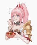  1girl armor blue_eyes bowl breasts bridal_gauntlets cleavage da-cart eating food hands_up highres holding holding_bowl holding_spoon hungry long_hair medium_breasts pink_hair ponytail portrait shionne_(tales) shoulder_armor simple_background solo spoon tales_of_(series) tales_of_arise tiara white_background 