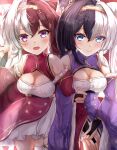  2girls azur_lane bare_shoulders black_gloves blue_eyes breasts bridal_gauntlets chao_ho_(azur_lane) cleavage_cutout clothing_cutout detached_sleeves dress gloves hair_between_eyes hair_horns highres long_hair looking_at_viewer medium_breasts multicolored_hair multiple_girls purple_dress purple_eyes purple_hair red_dress red_hair two-tone_hair umidemi white_hair ying_swei_(azur_lane) 