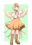  1girl absurdres bird bird_tail bird_wings blonde_hair boots chick dress feathered_wings full_body hand_up hashiro_fumi high_heel_boots high_heels highres looking_at_viewer multicolored_hair niwatari_kutaka red_eyes red_hair short_hair short_sleeves smile solo tail touhou two-tone_hair wings 