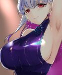  1girl arm_up armpits bangs bare_shoulders blue_hair blue_swimsuit blush bracelet breasts earrings fate/grand_order fate_(series) highres jewelry kama_(fate) kama_(swimsuit_avenger)_(fate) kankitsu_kei large_breasts long_hair looking_at_viewer multicolored_hair one-piece_swimsuit red_eyes sideboob silver_hair smile solo star_(symbol) star_earrings swimsuit two-tone_hair 